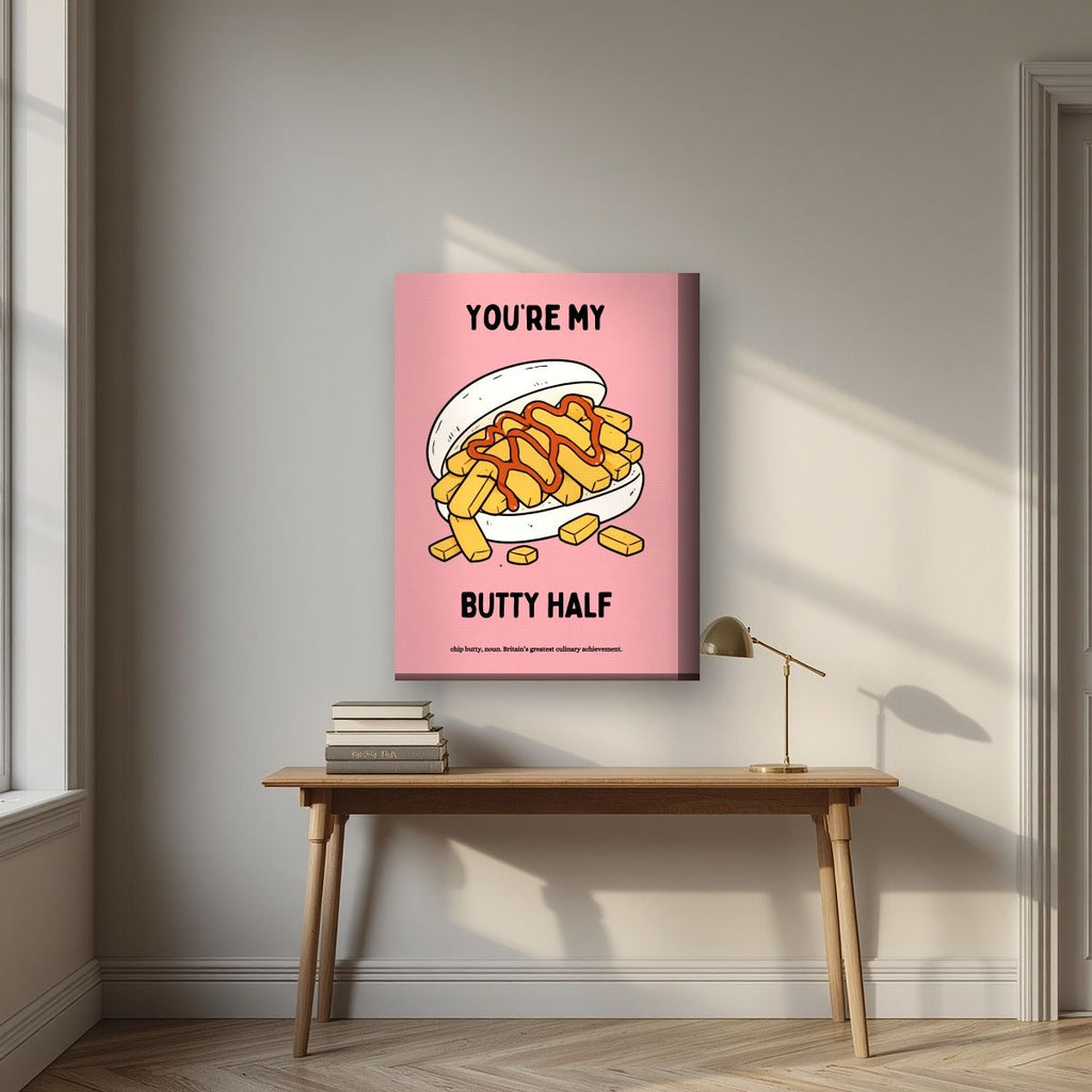 You're My Butty Half – Candyfloss Pink art print, on thick canvas, styled in a desk
