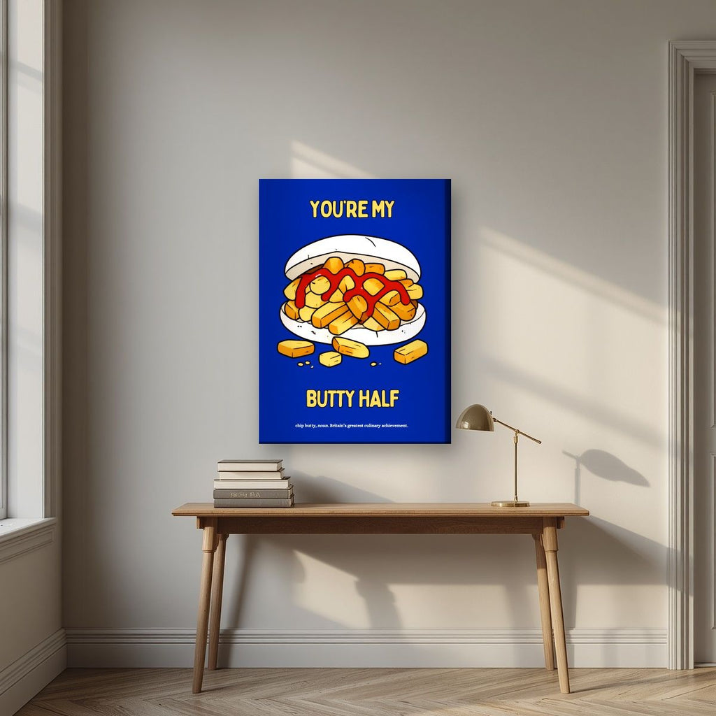 You're My Butty Half – Deckchair Blue art print, on slim canvas, styled in a desk
