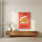 You're My Butty Half – Ketchup Coral art print, in a white frame, styled in a living room