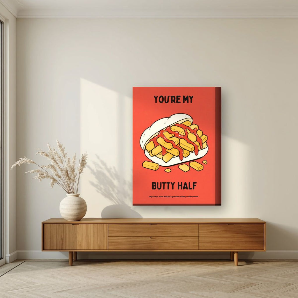 You're My Butty Half – Ketchup Coral art print, on thick canvas, styled in a living room
