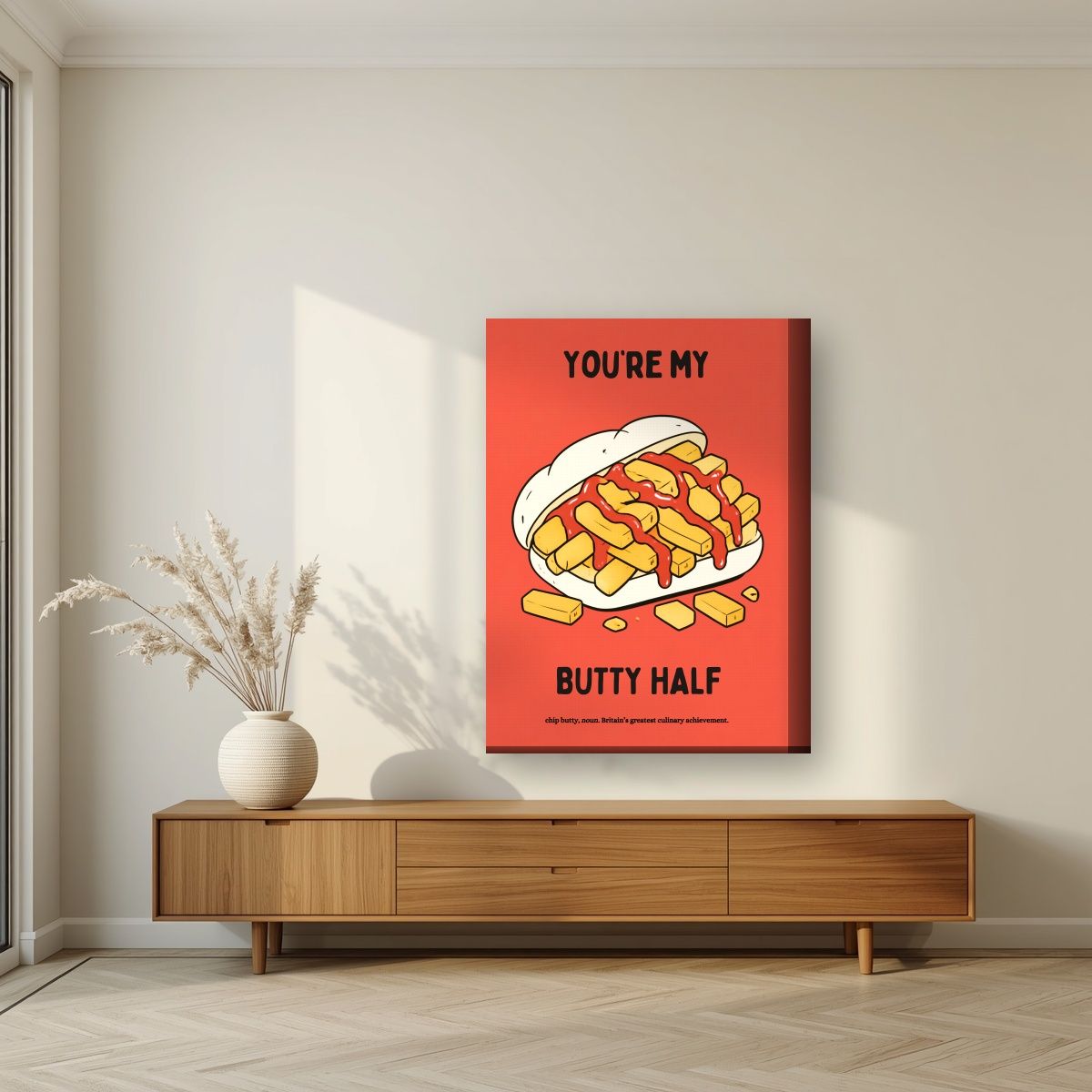 You're My Butty Half – Ketchup Coral art print, on thick canvas, styled in a living room
