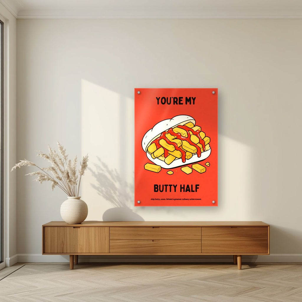 You're My Butty Half – Ketchup Coral art print, as an acrylic print, styled in a living room