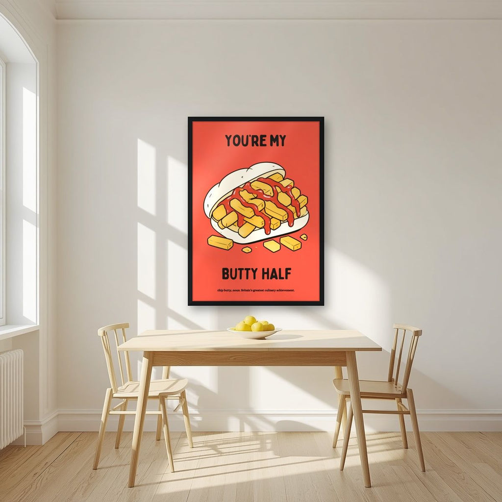 You're My Butty Half – Ketchup Coral art print, in a black frame, styled in a kitchen