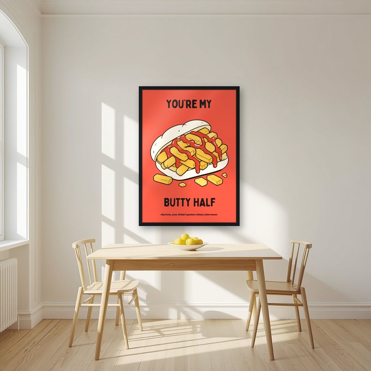 You're My Butty Half – Ketchup Coral art print, in a black frame, styled in a kitchen