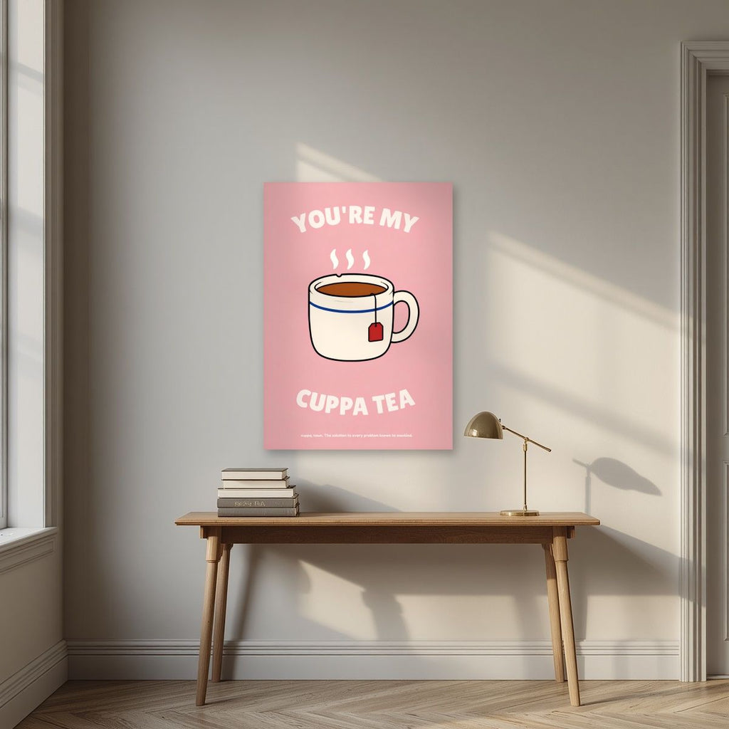 You're My Cuppa Tea – Battenberg Pink art print, unframed poster, styled in a desk