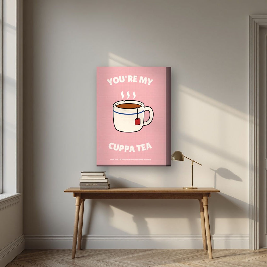 You're My Cuppa Tea – Battenberg Pink art print, on thick canvas, styled in a desk