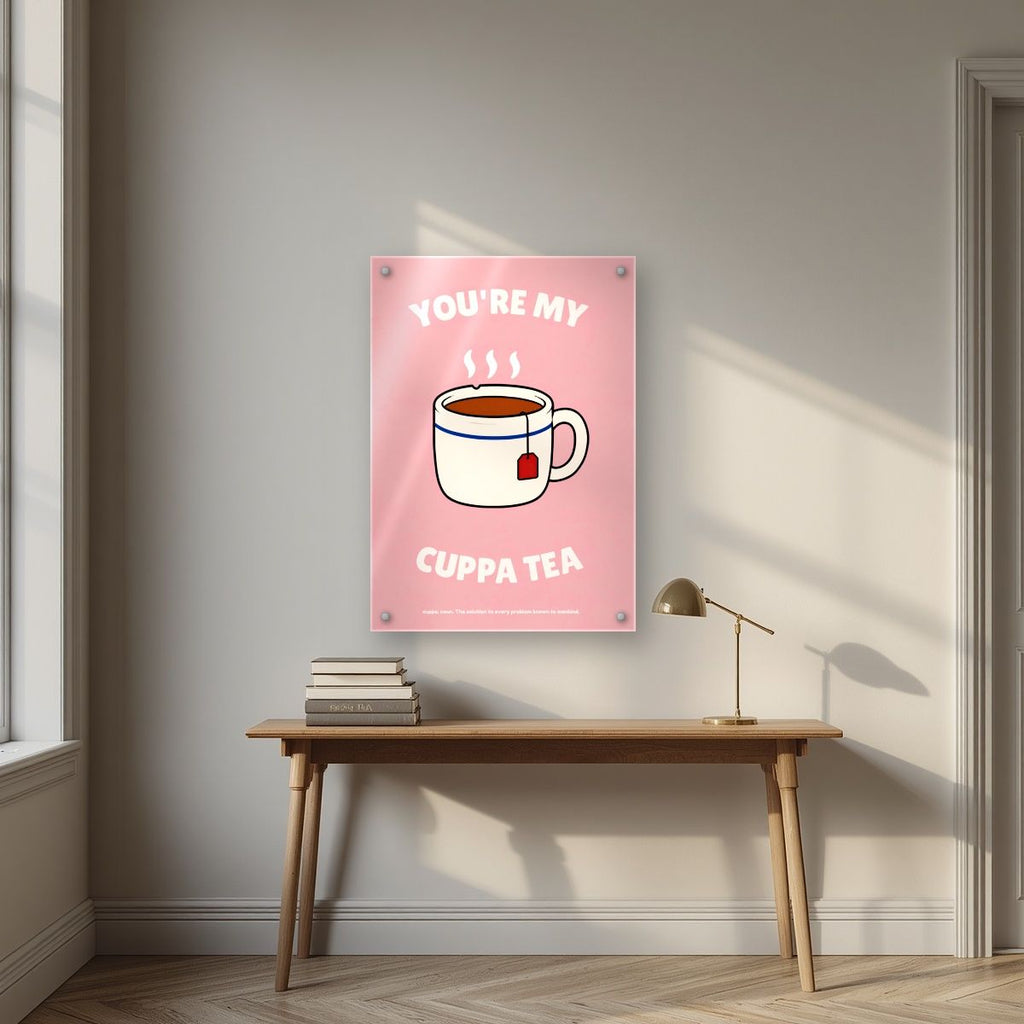 You're My Cuppa Tea – Battenberg Pink art print, as an acrylic print, styled in a desk