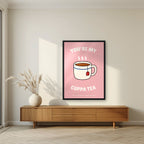 You're My Cuppa Tea – Battenberg Pink art print, in a black frame, styled in a living room
