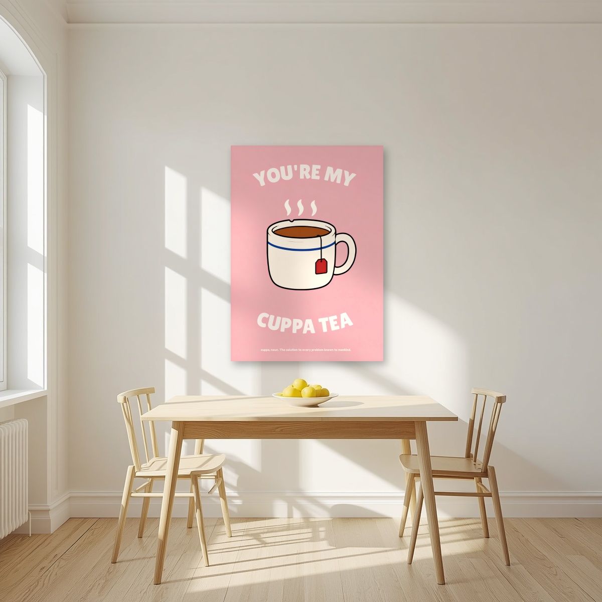 You're My Cuppa Tea – Battenberg Pink art print, unframed poster, styled in a kitchen