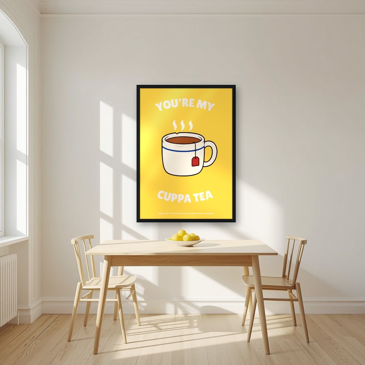 You're My Cuppa Tea – Marmalade Gold art print, in a black frame, styled in a kitchen