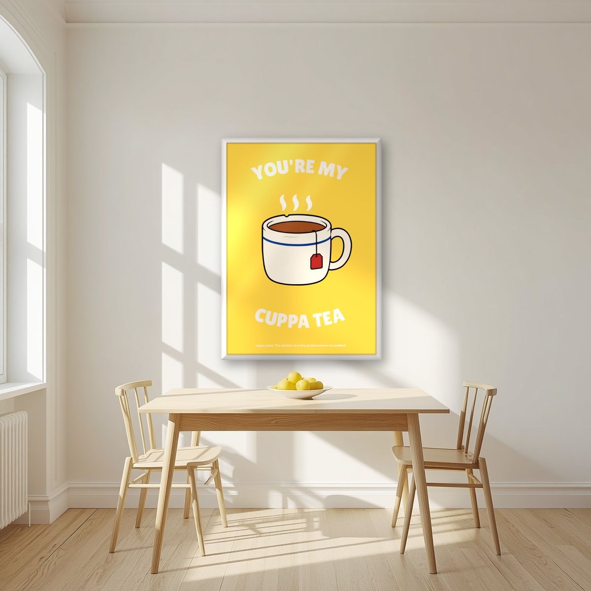 You're My Cuppa Tea – Marmalade Gold art print, in a white frame, styled in a kitchen