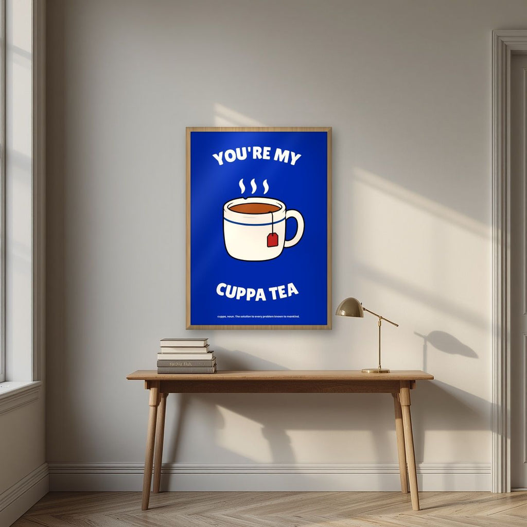 You're My Cuppa Tea – Midnight Navy art print, in an oak frame, styled in a desk