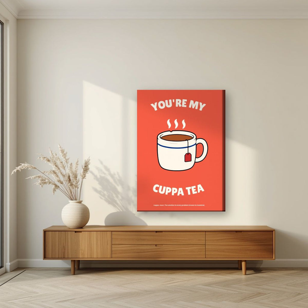 You're My Cuppa Tea – Postbox Coral art print, on slim canvas, styled in a living room