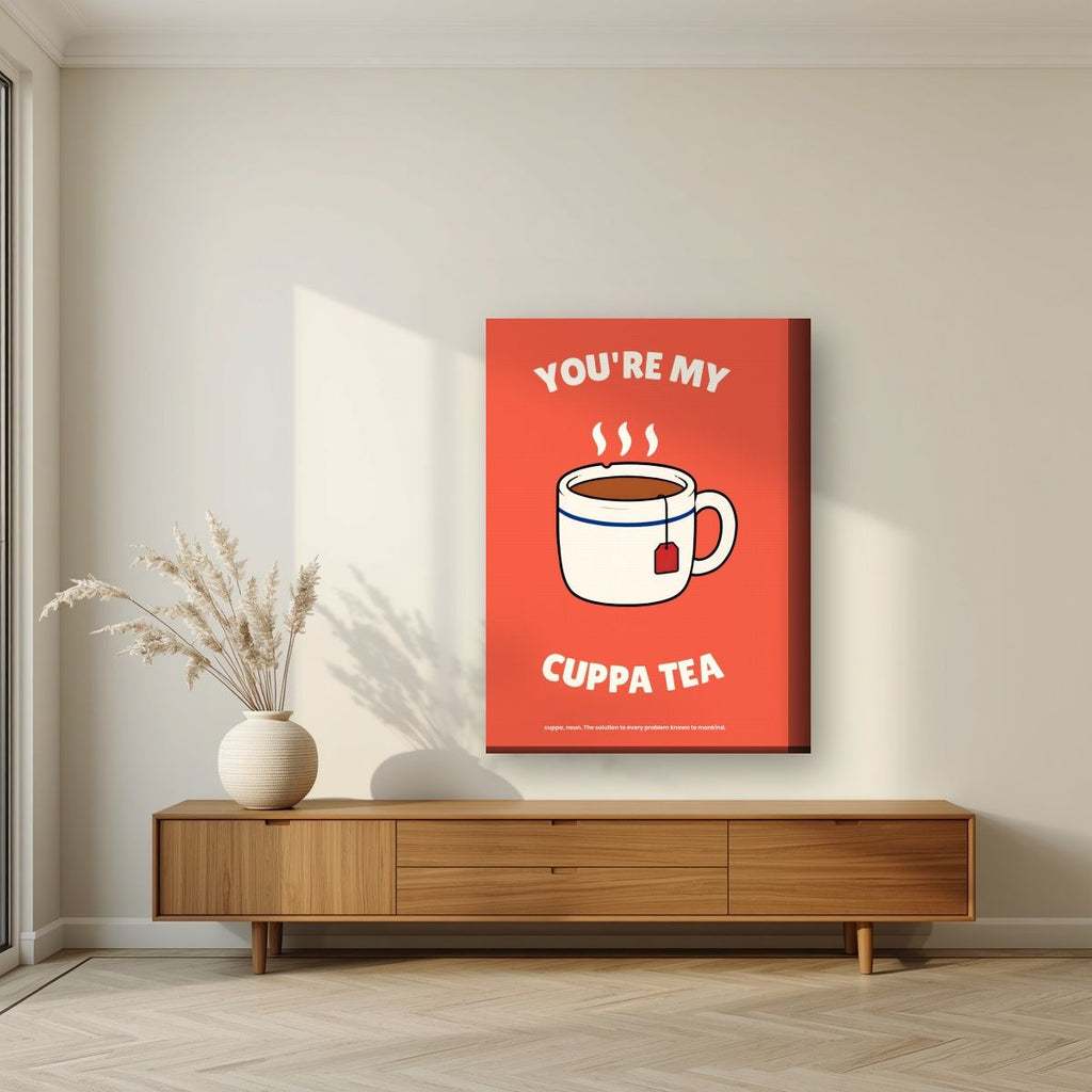 You're My Cuppa Tea – Postbox Coral art print, on thick canvas, styled in a living room