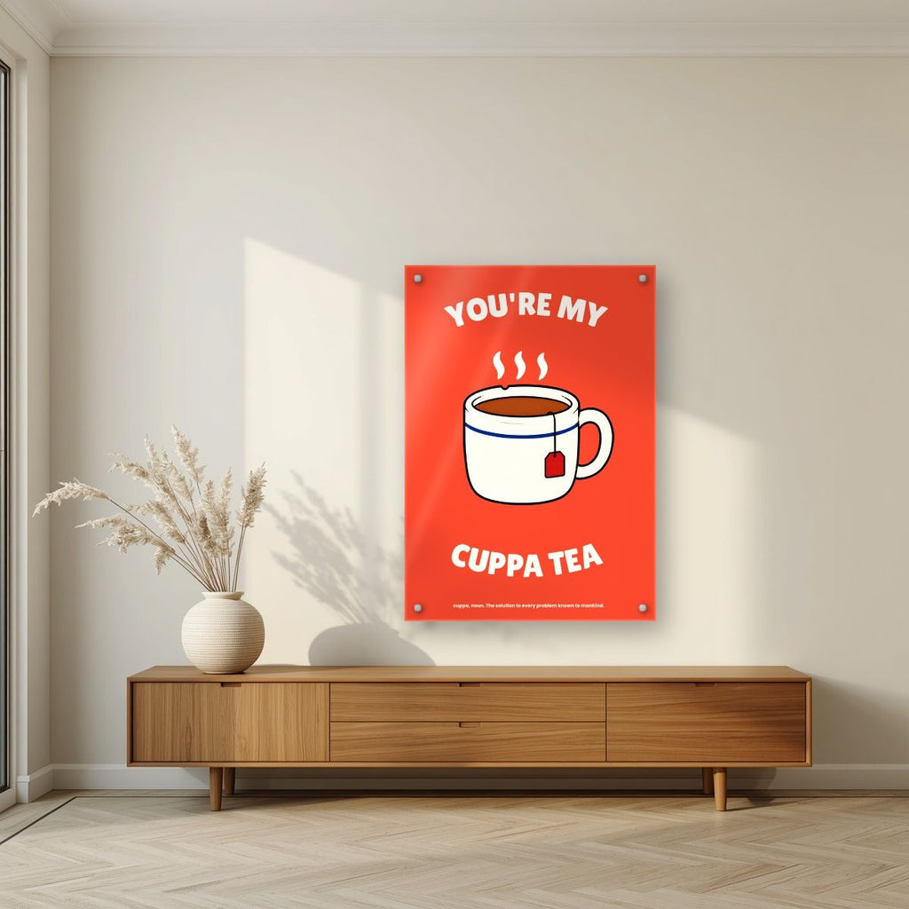 You're My Cuppa Tea – Postbox Coral art print, as an acrylic print, styled in a living room