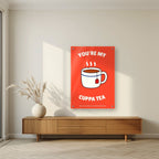 You're My Cuppa Tea – Postbox Coral art print, as an acrylic print, styled in a living room