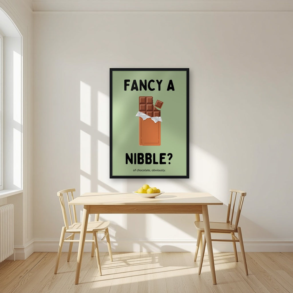 Fancy a Nibble – Allotment Sage art print, in a black frame, styled in a kitchen
