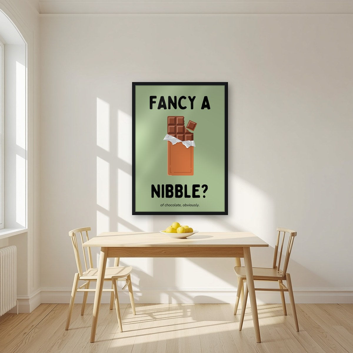 Fancy a Nibble – Allotment Sage art print, in a black frame, styled in a kitchen