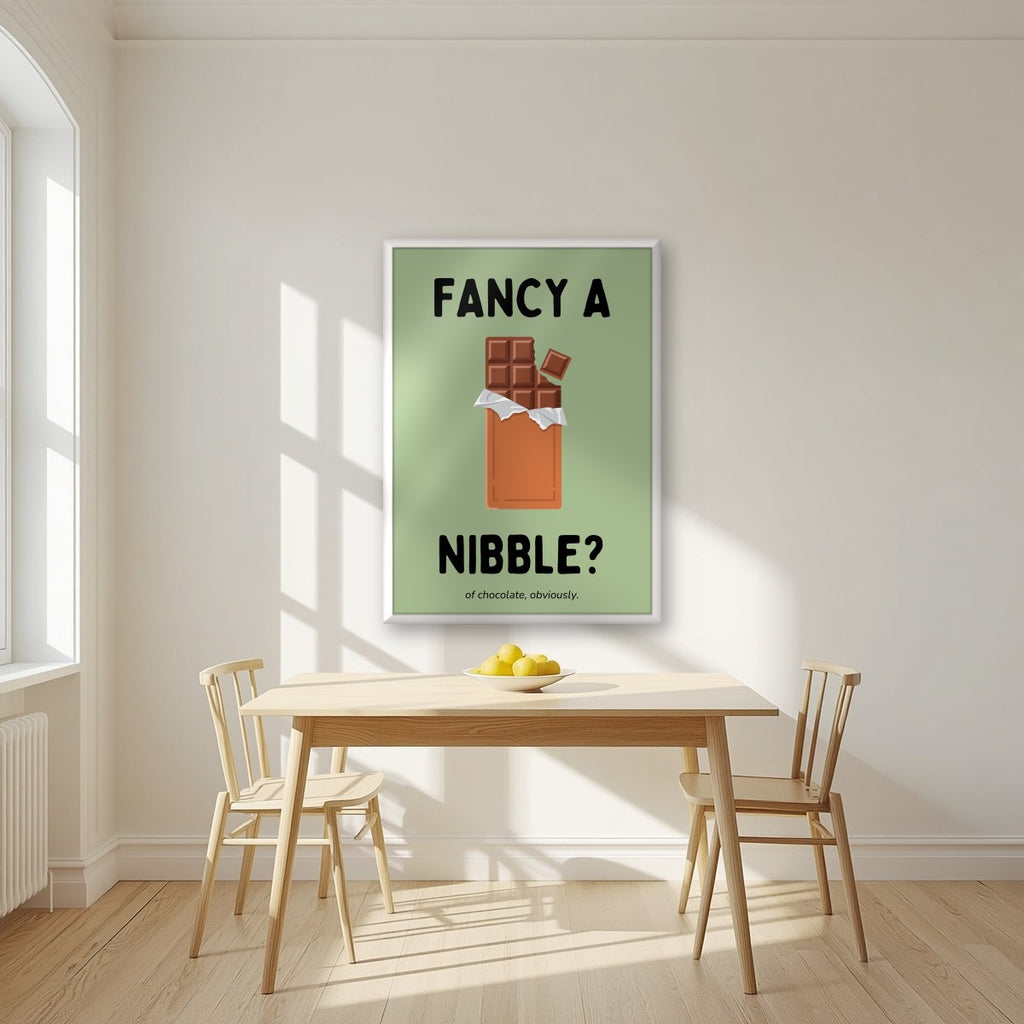 Fancy a Nibble – Allotment Sage art print, in a white frame, styled in a kitchen