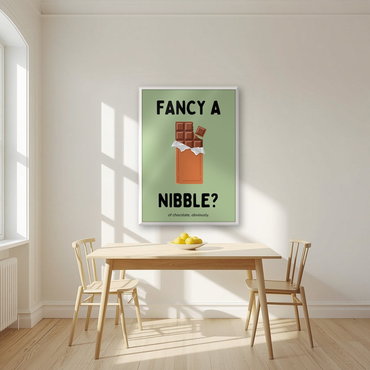 Fancy a Nibble – Allotment Sage art print, in a white frame, styled in a kitchen