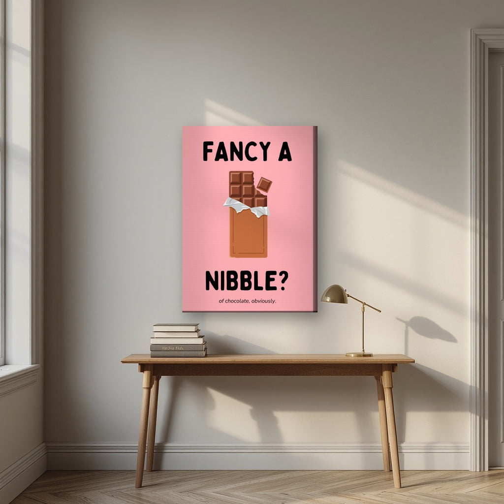Fancy a Nibble – Candyfloss Pink art print, on slim canvas, styled in a desk