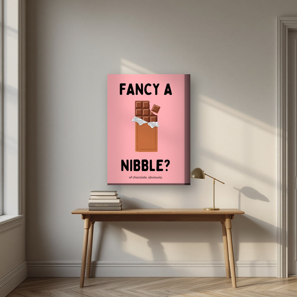 Fancy a Nibble – Candyfloss Pink art print, on thick canvas, styled in a desk
