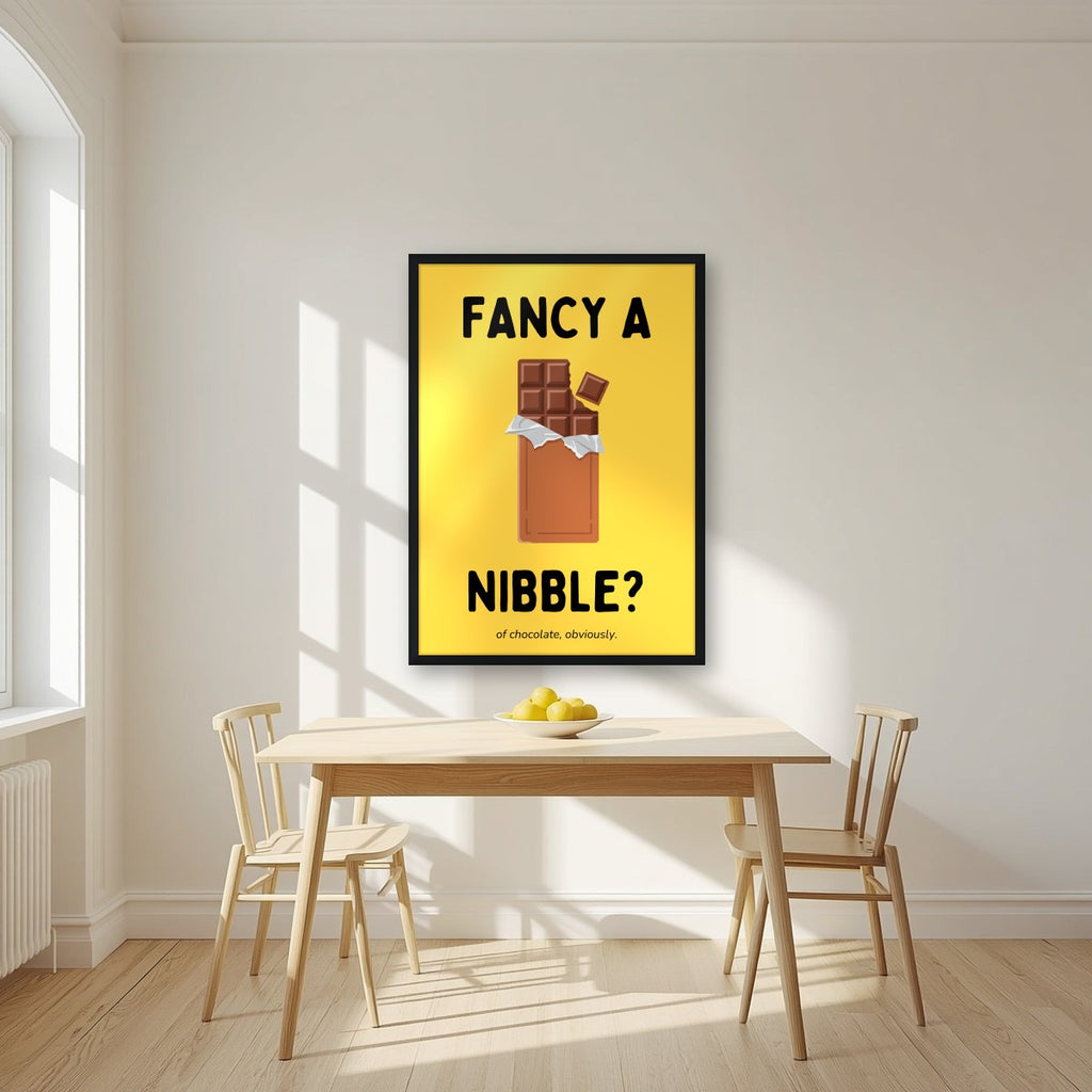 Fancy a Nibble – Chippy Gold art print, in a black frame, styled in a kitchen