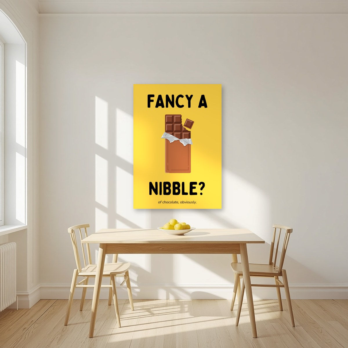 Fancy a Nibble – Chippy Gold art print, unframed poster, styled in a kitchen
