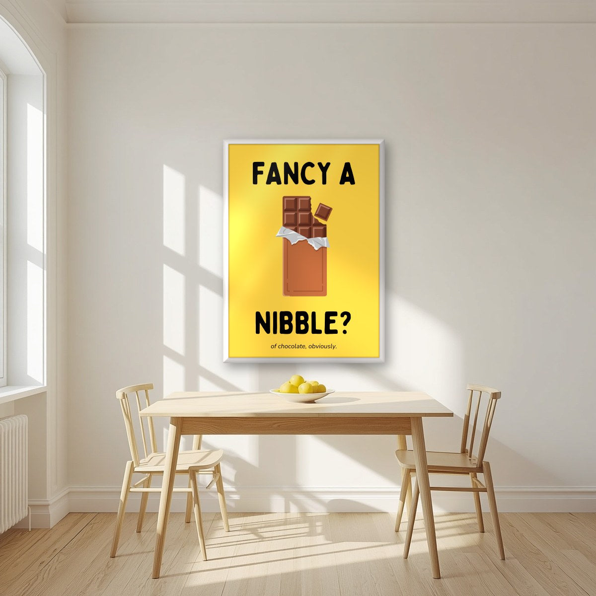 Fancy a Nibble – Chippy Gold art print, in a white frame, styled in a kitchen