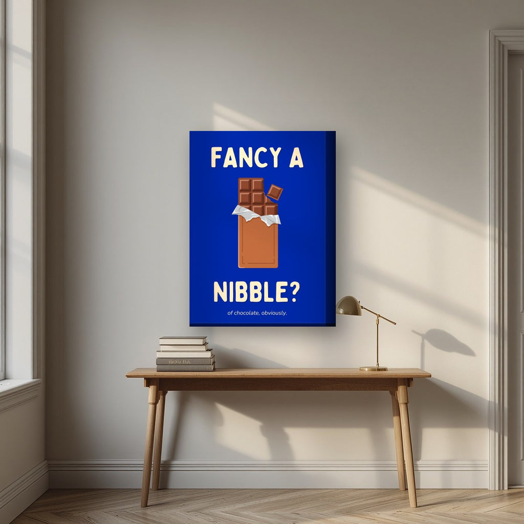 Fancy a Nibble – Deckchair Blue art print, on thick canvas, styled in a desk