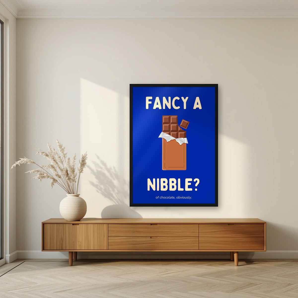 Fancy a Nibble – Deckchair Blue art print, in a black frame, styled in a living room