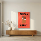 Fancy a Nibble – Ketchup Coral art print, in a white frame, styled in a living room