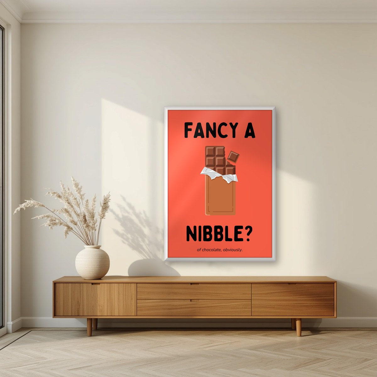 Fancy a Nibble – Ketchup Coral art print, in a white frame, styled in a living room
