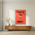 Fancy a Nibble – Ketchup Coral art print, in an oak frame, styled in a living room