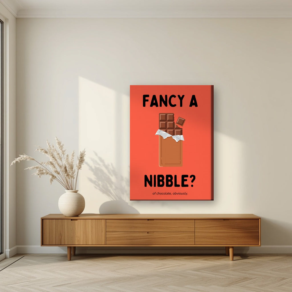 Fancy a Nibble – Ketchup Coral art print, on slim canvas, styled in a living room