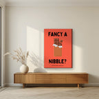 Fancy a Nibble – Ketchup Coral art print, on slim canvas, styled in a living room