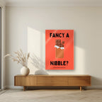 Fancy a Nibble – Ketchup Coral art print, as an acrylic print, styled in a living room