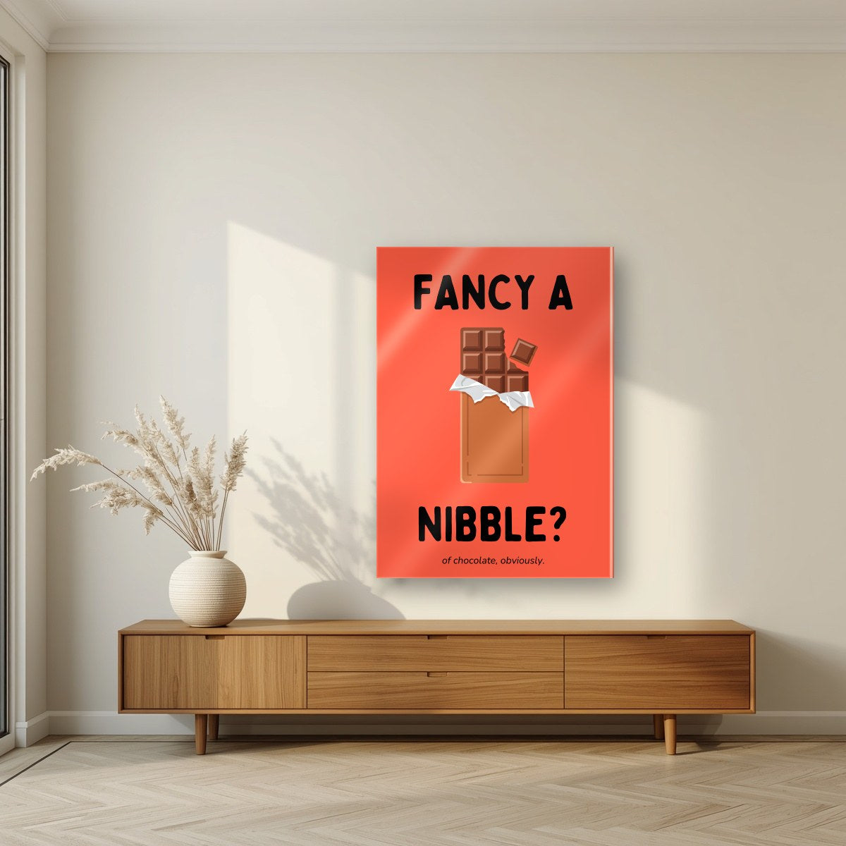 Fancy a Nibble – Ketchup Coral art print, as an acrylic print, styled in a living room