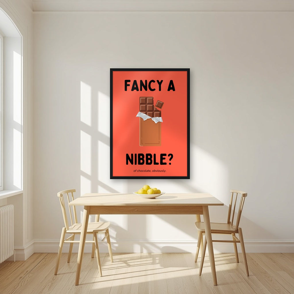 Fancy a Nibble – Ketchup Coral art print, in a black frame, styled in a kitchen