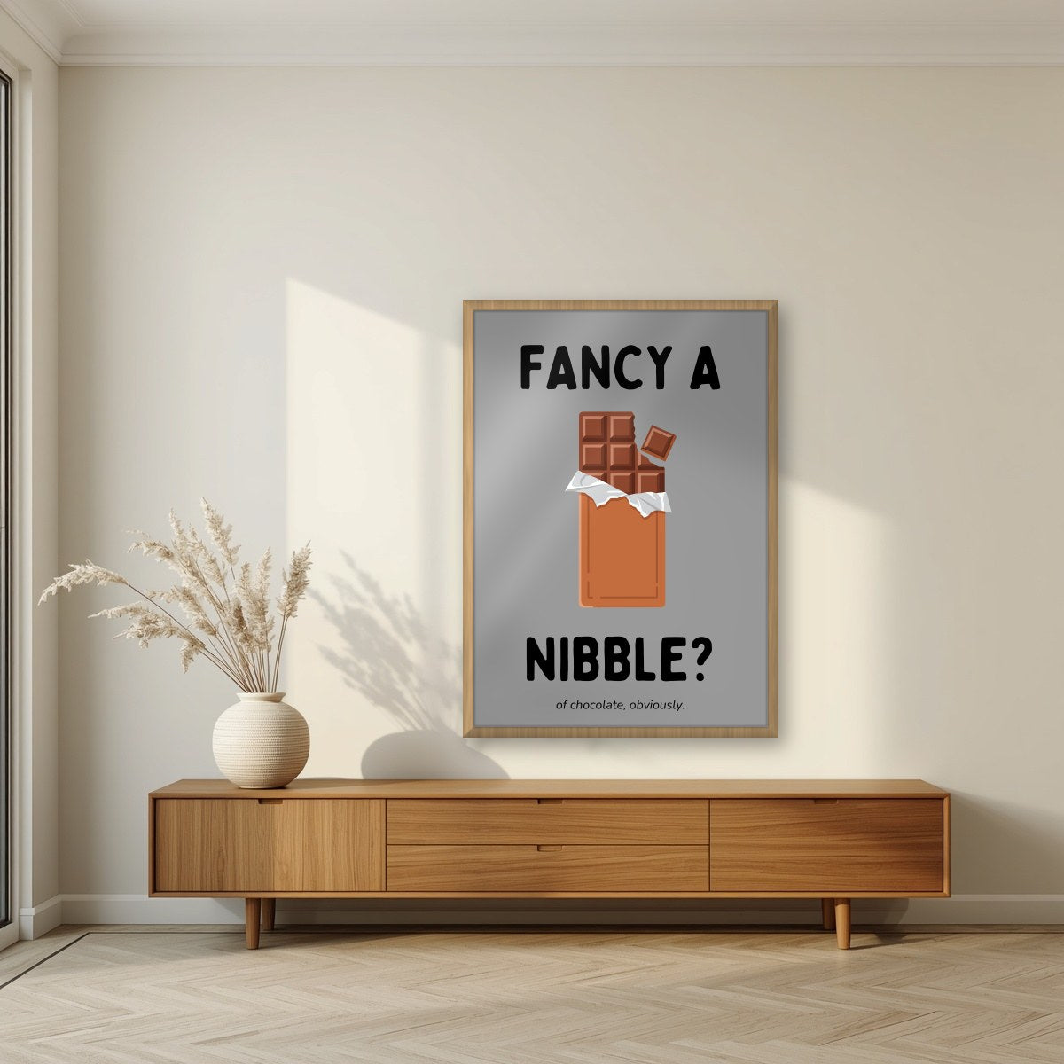 Fancy a Nibble – Pebble Grey art print, in an oak frame, styled in a living room