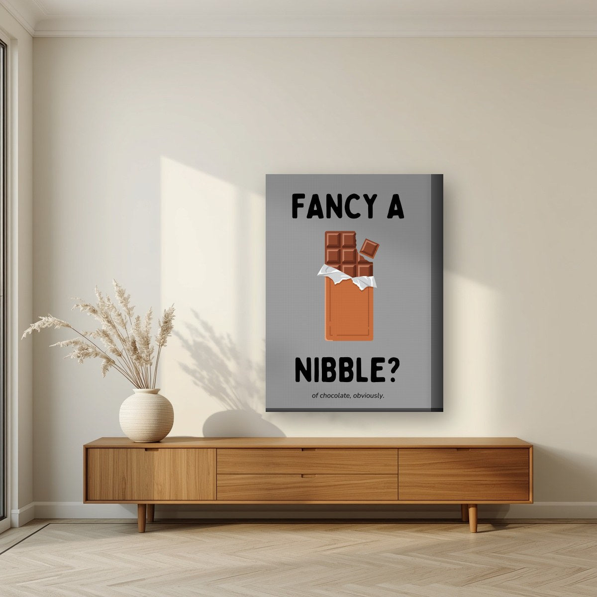 Fancy a Nibble – Pebble Grey art print, on thick canvas, styled in a living room