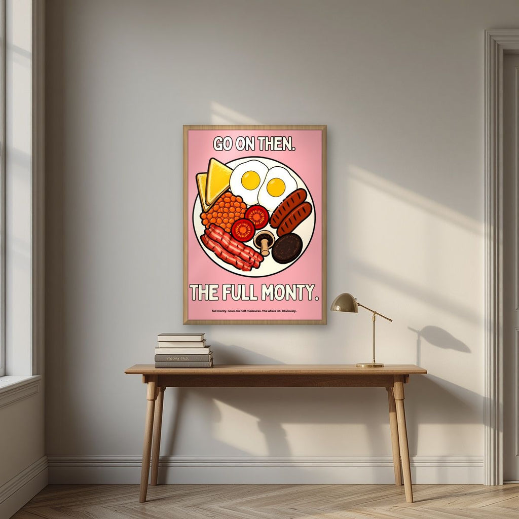 The Full Monty – Bacon Blush art print, in an oak frame, styled in a desk