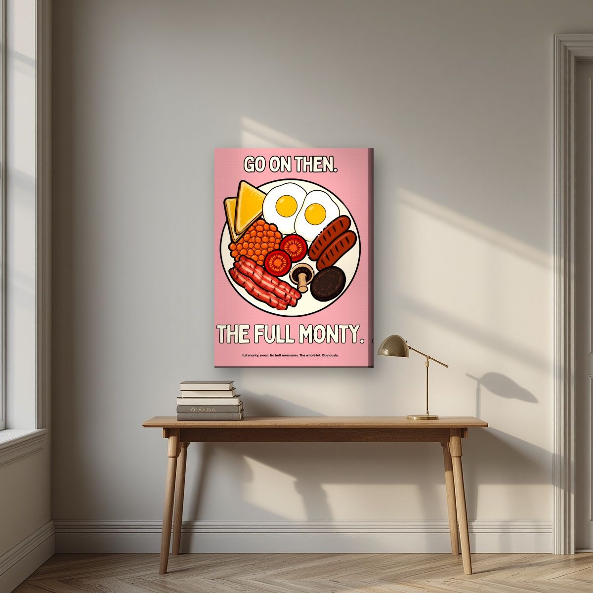 The Full Monty – Bacon Blush art print, on slim canvas, styled in a desk