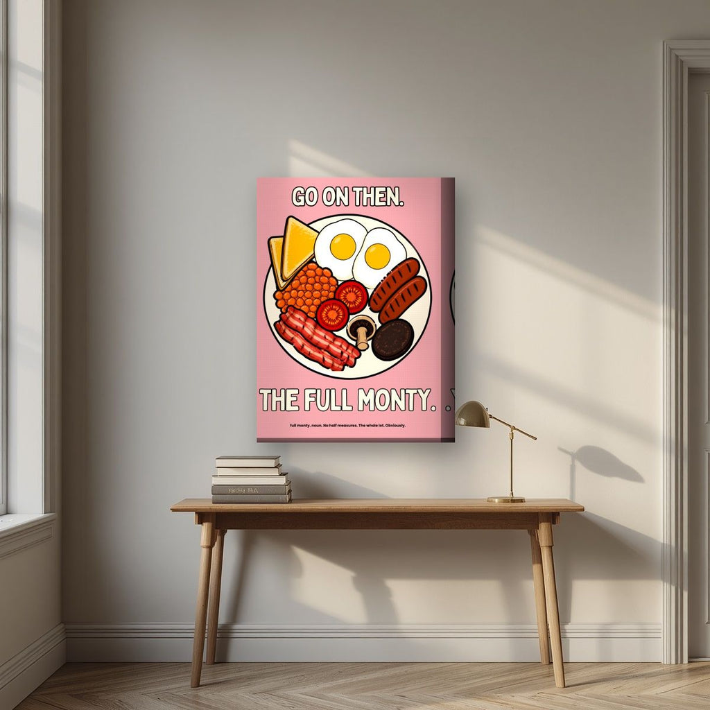 The Full Monty – Bacon Blush art print, on thick canvas, styled in a desk