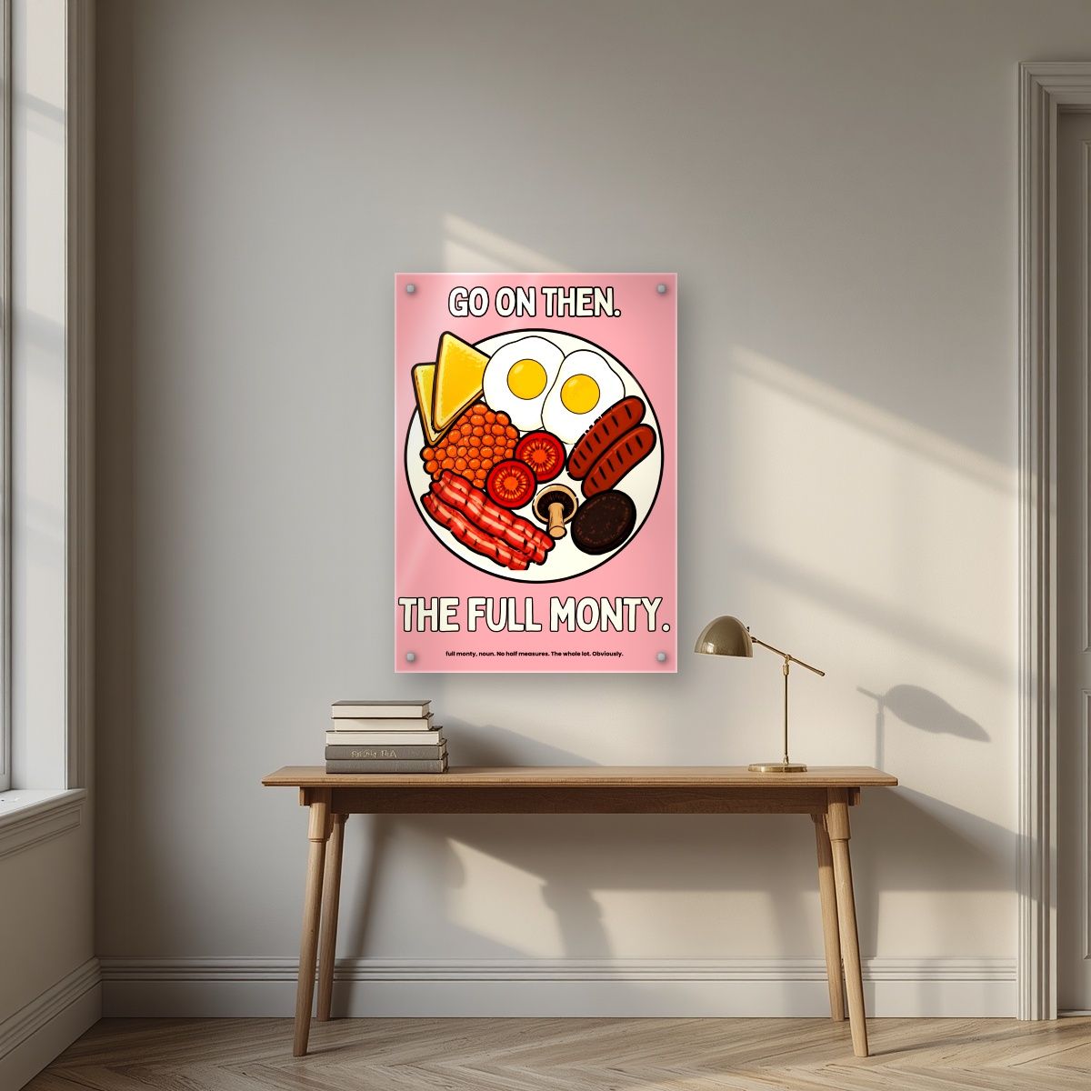 The Full Monty – Bacon Blush art print, as an acrylic print, styled in a desk