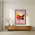The Full Monty – Bacon Blush art print, in a black frame, styled in a living room