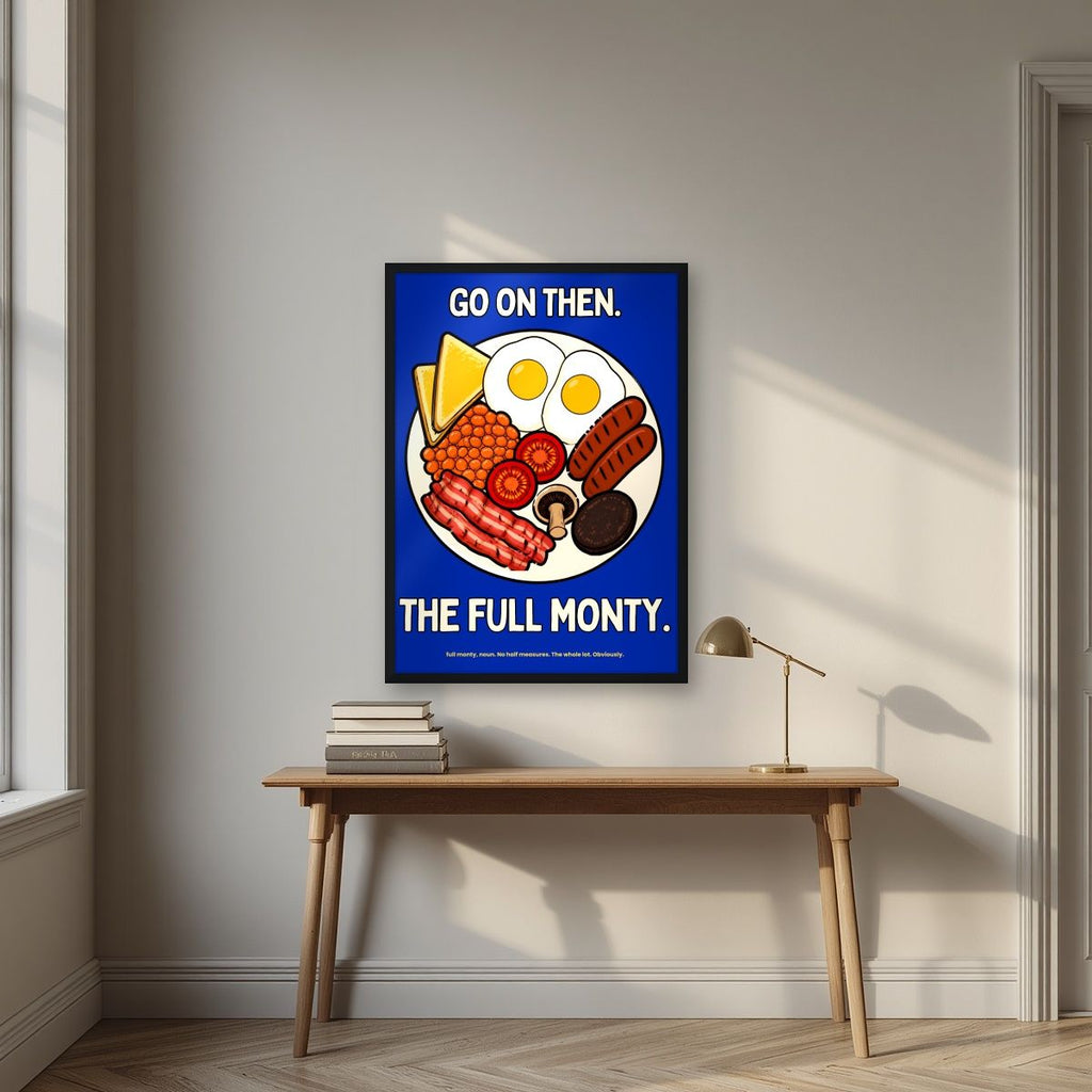 The Full Monty – Britannia Blue art print, in a black frame, styled in a desk