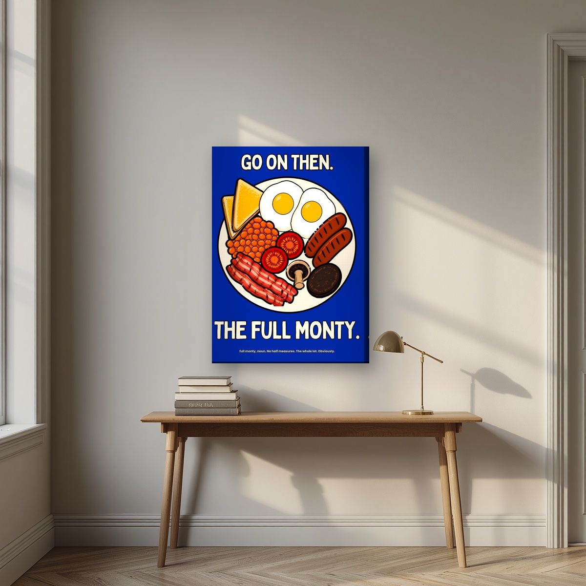The Full Monty – Britannia Blue art print, on slim canvas, styled in a desk