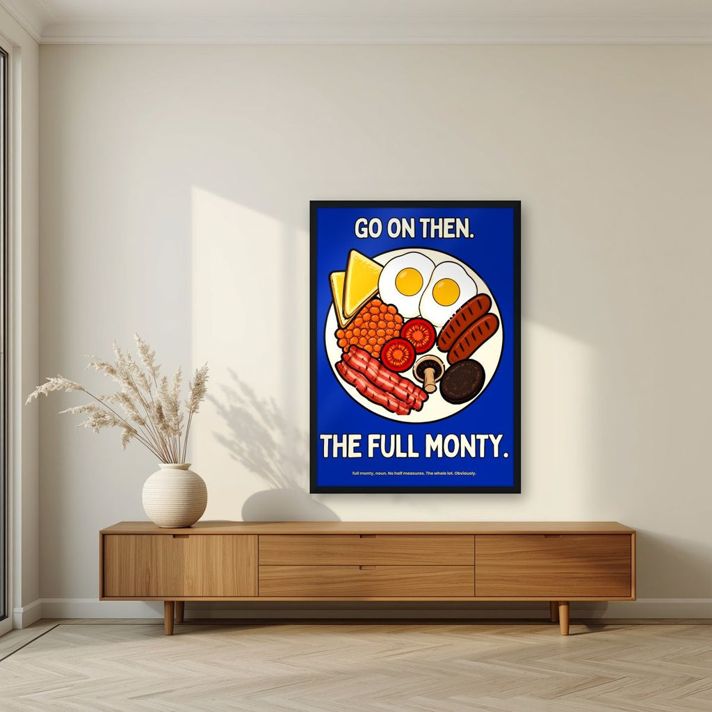 The Full Monty – Britannia Blue art print, in a black frame, styled in a living room