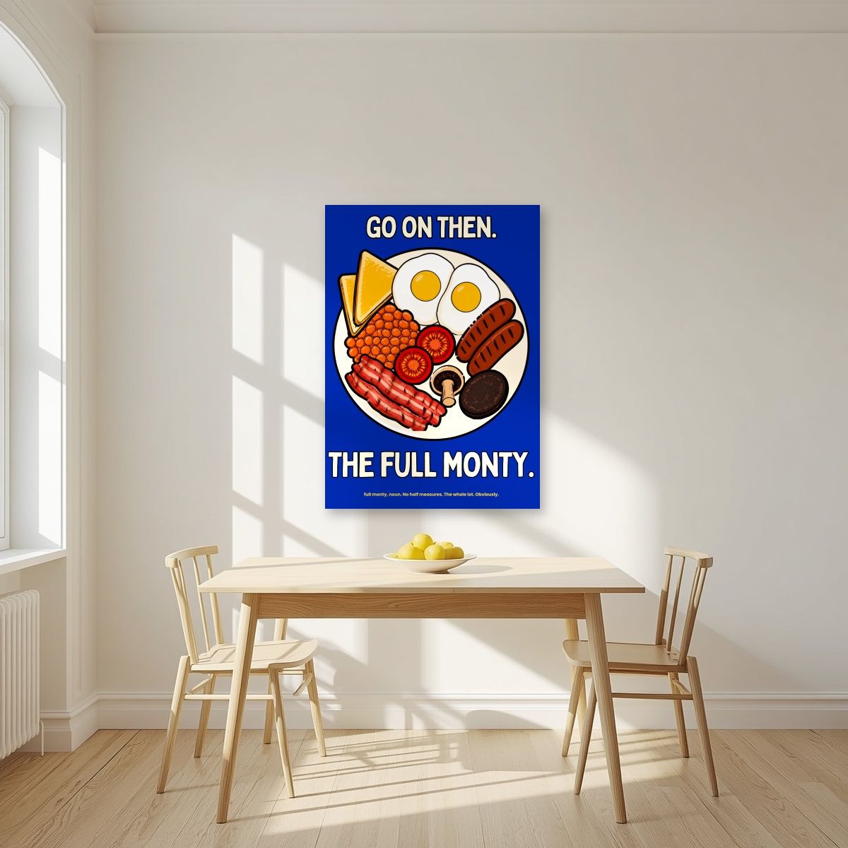 The Full Monty – Britannia Blue art print, unframed poster, styled in a kitchen